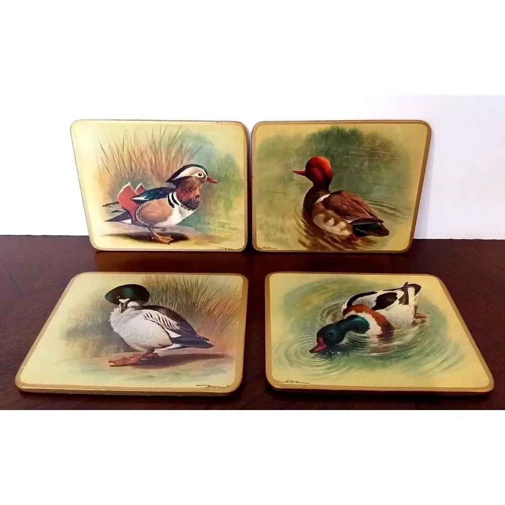 COASTERS Wild Duck Mallard Cork Back Basil Ede England Vintage Set of‎ 4 Barware
